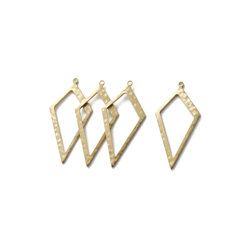 Diamond Stud Earrings - Raw Brass Hammered Rhombus Charms Hollow
