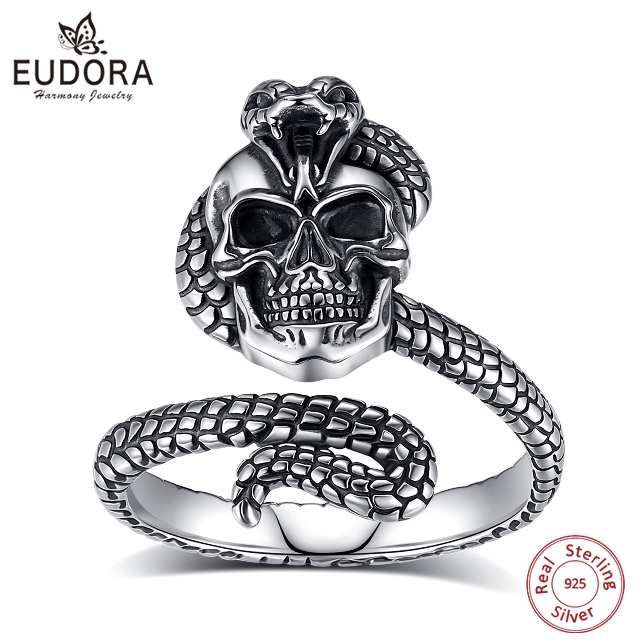 Gothic Skull Ring - Eudora 925 Sterling Silver Snake Skull