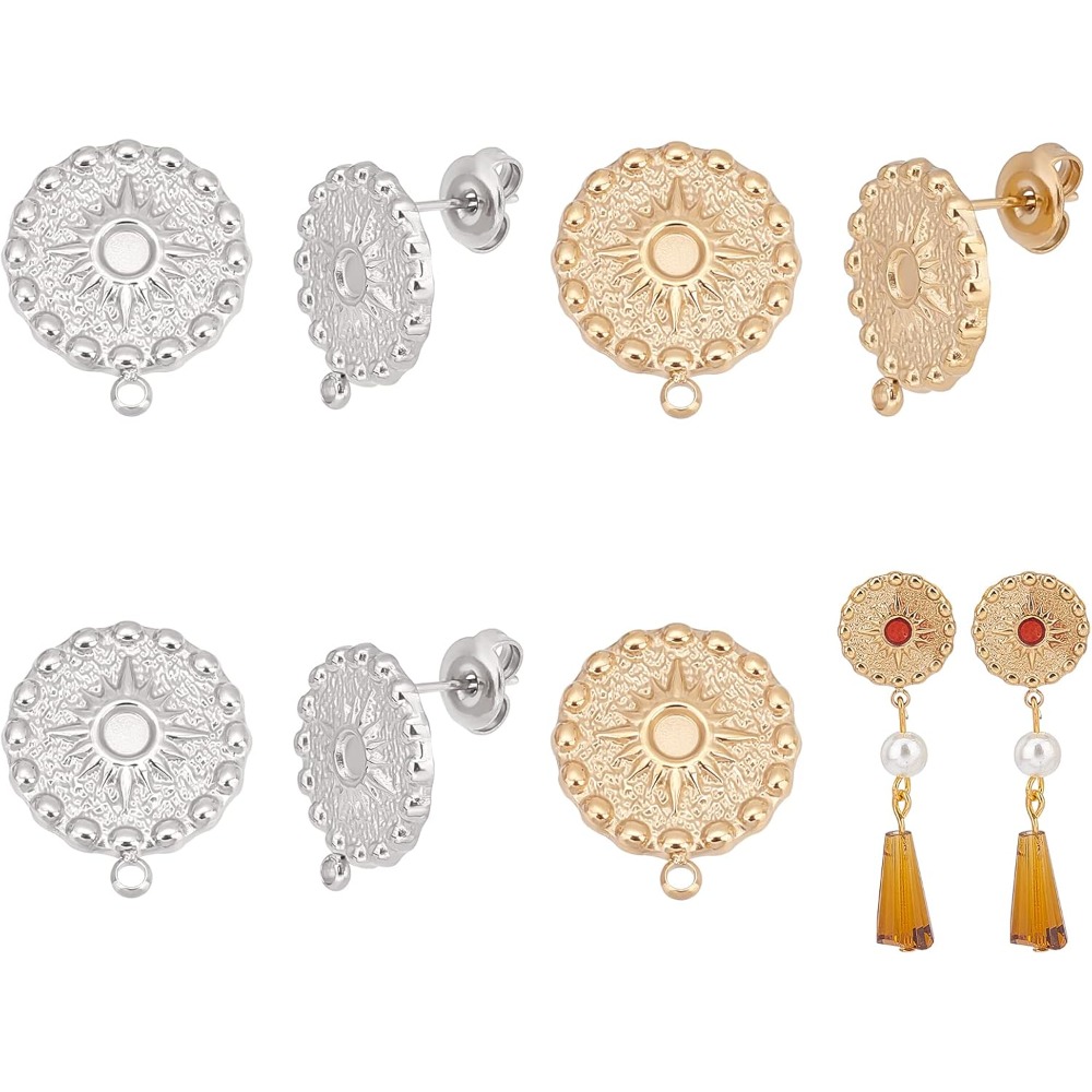 Diamond Stud Earrings - 4 Pairs 2 Colors Sun Stud