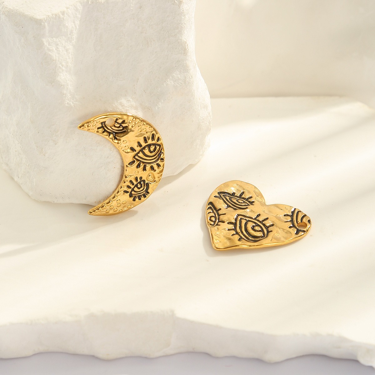 3Pcs Gold Tone Stainless Steel - Moon Star Earrings 리뷰 및 가격